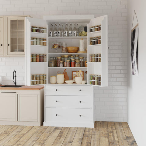 [Assembly Video Provided]TOPMAX 77inch Farmhouse Kitchen Pantry, Freestanding Tall Cupboard Storage Cabinet with 3 Adjustable Shelves, 8 Door Shelves, 3 Drawers for Kitchen, Dining Room, White