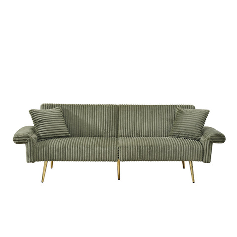 Modern Corduroy Sofa Bed, Foldable Double Sofa with Armrests, Green Velvet, 79 Inch