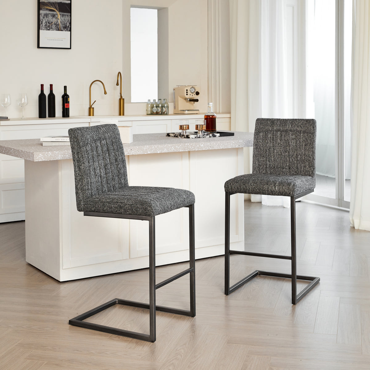 Bar Stool - Speckled Gray Textured Fabric with Vertical Tufted Backrest, , Sturdy Black Metal Frame & Footrest for Kitchen Island & Home Bar,2 Sets