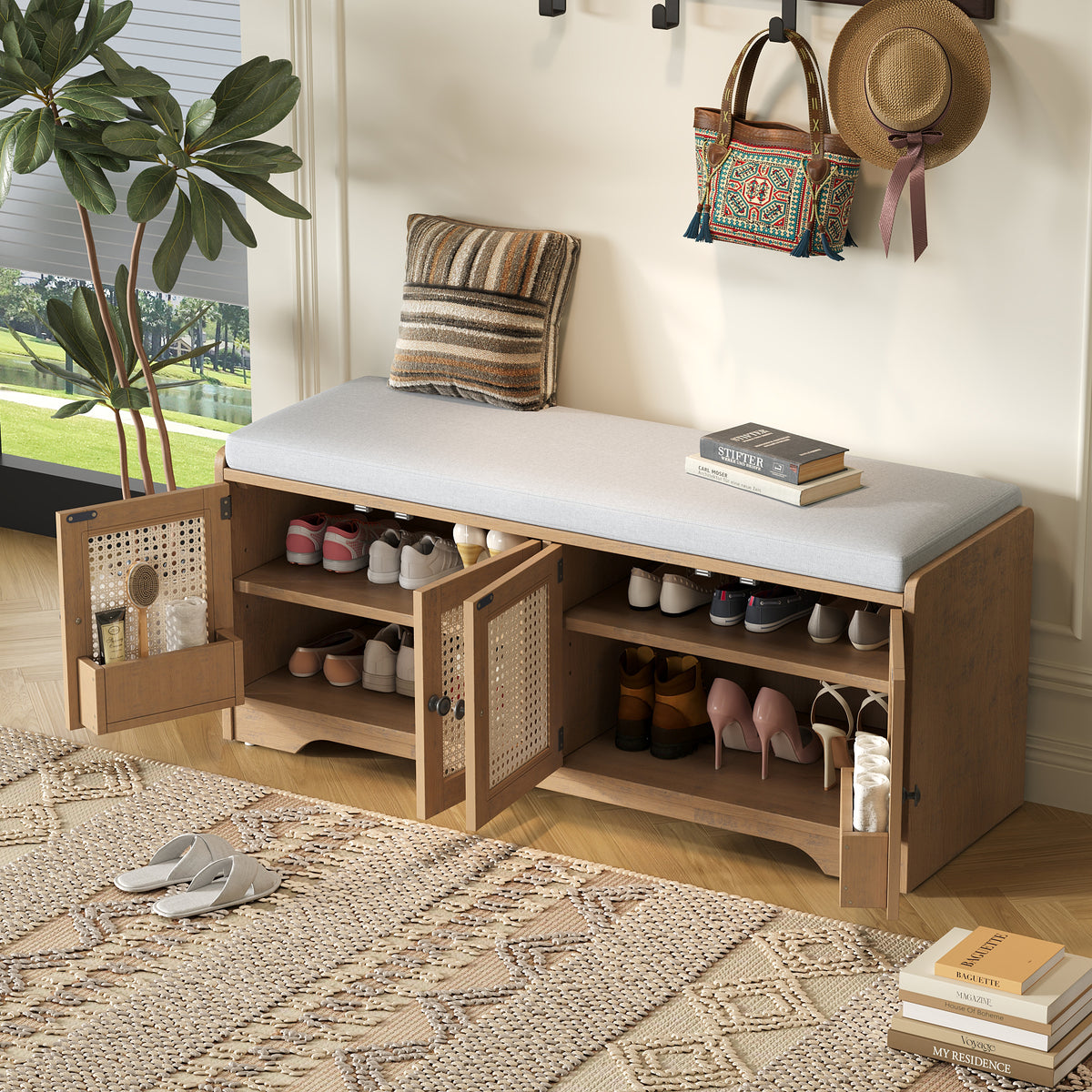 TREXM Rustic Storage Bench Multifunctional Wood Entryway Shoe Bench with Removable Cushion, Woven Rattan Doors & Adjustable Shelves for Hallway, Living Room (Brown+Beige )