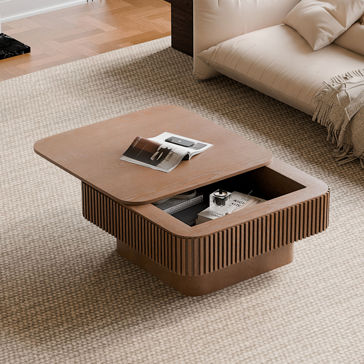 31.5'' Square Coffee Table with Storage Solid Wood Veneered Modern Coffee Table Accent Tea Table for Living Room, Bedroom, Apartment or Office, Walnut