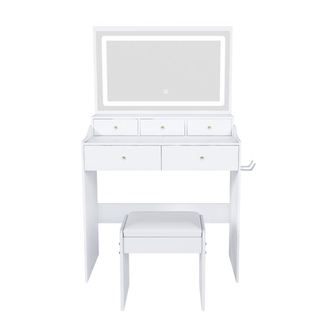 Modern White Vanity Desk with Large Mirror, Power Outlet & Hair Dryer Holder, Adjustable Lighting, 5 Drawers