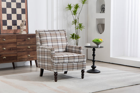 Upholstered Accent Chair, Vintage Armchair with Brown Linen Fabric and Nailhead Trim for Living Room