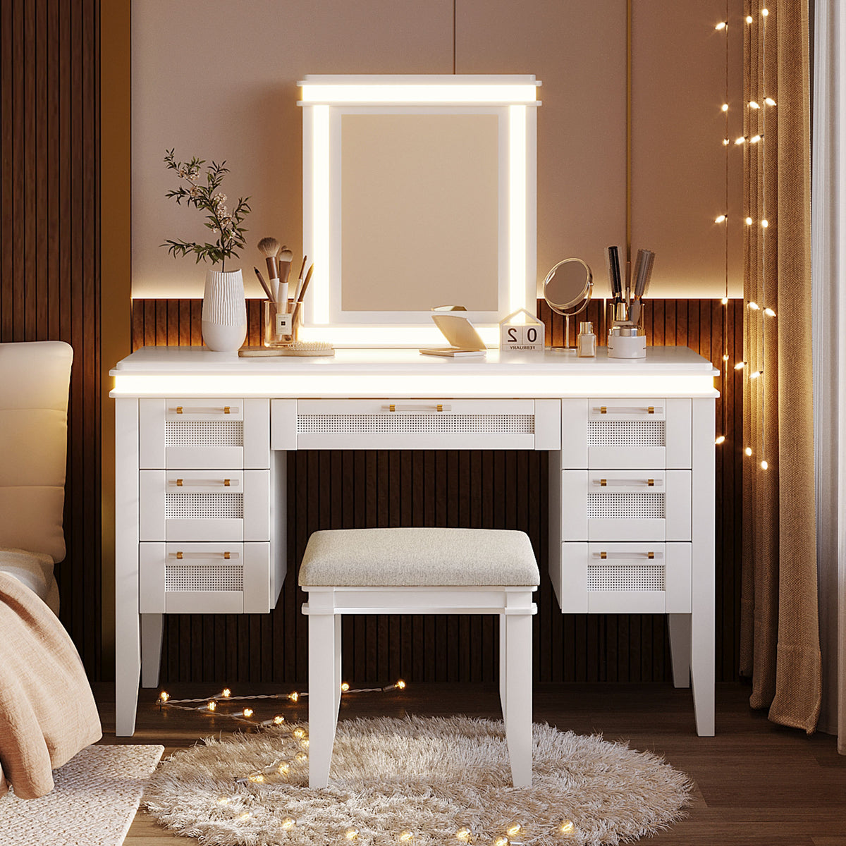 48' Vanity Desk with Mirror and Lights, Makeup Vanity with 7 Drawers and Cushioned Stool, Classic Beige Finish Dressing Table with Hollow Design Drawer for Bedroom, Rubber Wood Legs, Light Beige
