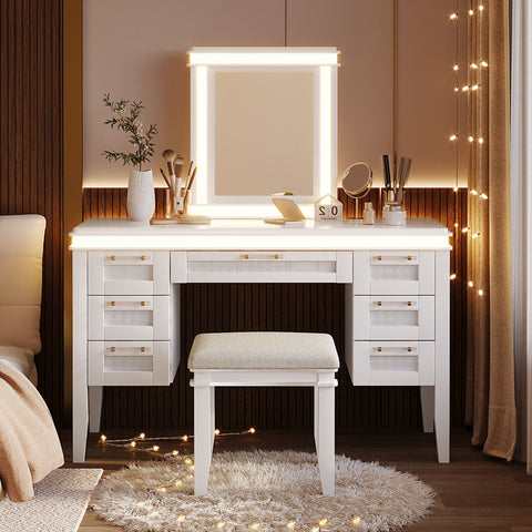 48' Vanity Desk with Mirror and Lights, Makeup Vanity with 7 Drawers and Cushioned Stool, Classic Beige Finish Dressing Table with Hollow Design Drawer for Bedroom, Rubber Wood Legs, Light Beige