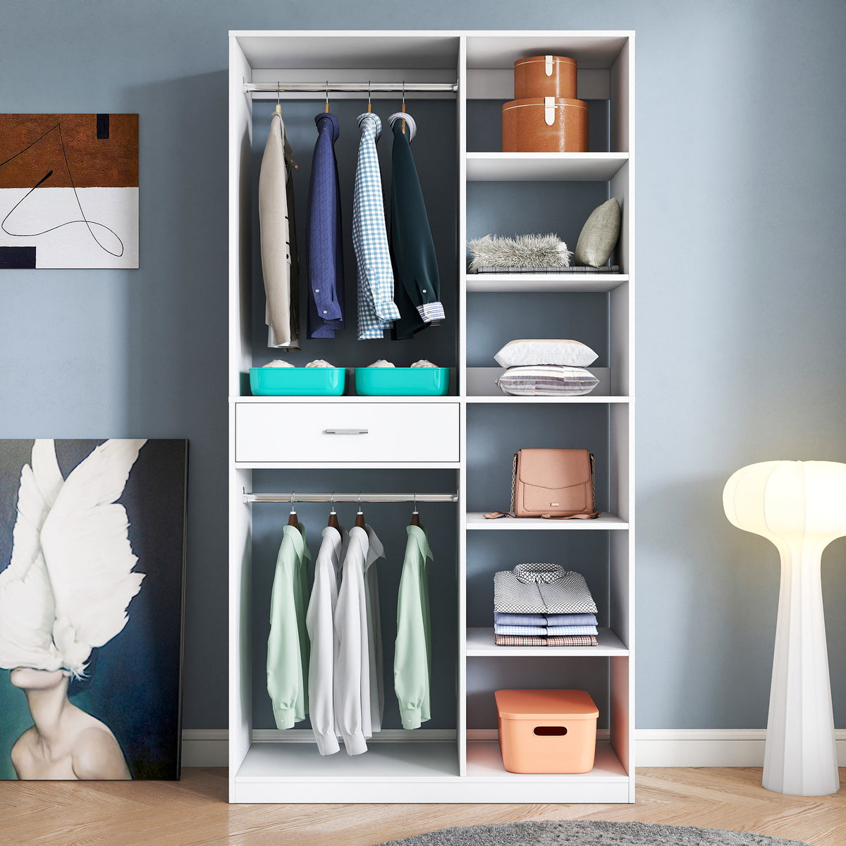 Freestanding Closet System,  Stand-Alone Wardrobe with 6 open Shelves,74.8'' Heigh Closetwith 1 Wood Drawers, Wood Walk-in Closet with 2 Hanging Rod, White