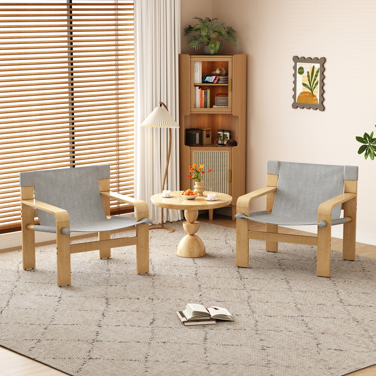 Detachable and washable Oak Accent Chair Wide Armrest Mid-Century Lounge Chair Linen Fabric Armchair & Solid Wood Frame for Living Room, Bedroom, Balcony,(LIGHT GREY)