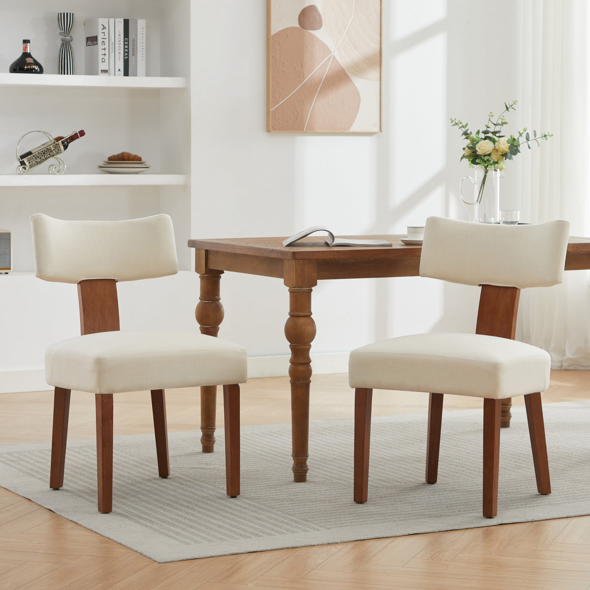 064-Set of 2 Linen Fabric Modern Armless Dining Chairs With Curved backrest and Solid Wooden Legs for Dining Room Living Room ,Beige
