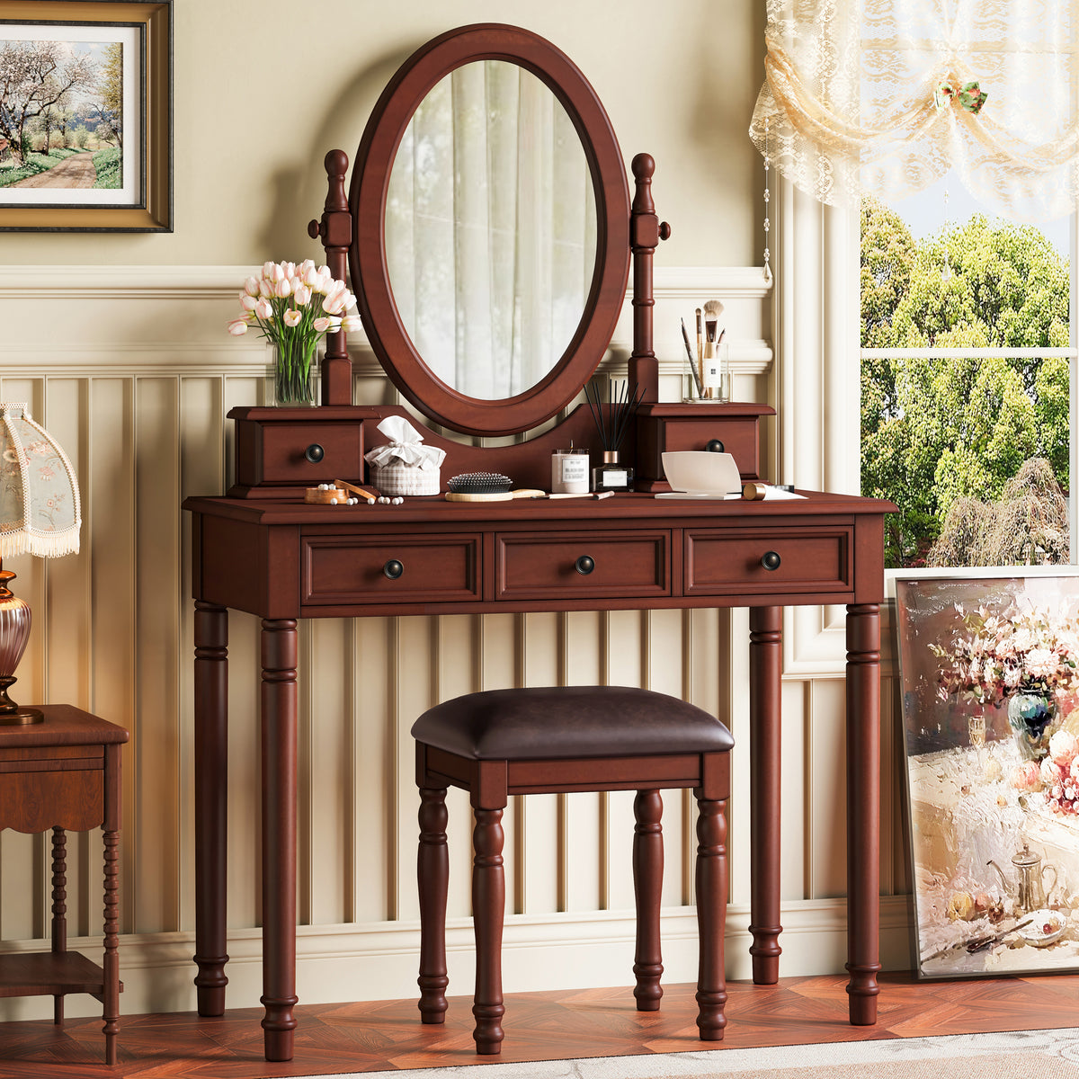 Vanity Desk with Adjustable Angle Mirror, Vintage Vanity Makeup Table and Cushioned Stool Set with Velvet Fabric Lining 5 Drawers,Wooden Dressing Table Set for Bedroom, Walnut