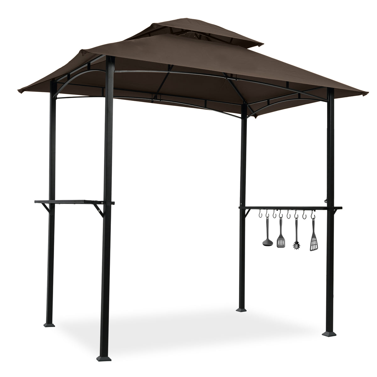 Outdoor Grill Gazebo 8 x 5 ft with Double-Tier Canopy, Steel Frame, Bar Counters & Hook - Brown Metal