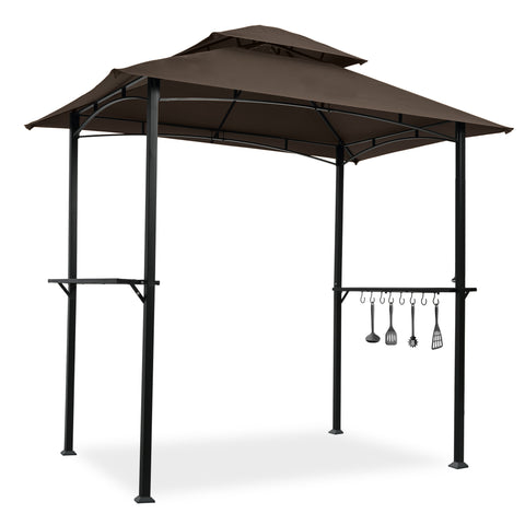 Outdoor Grill Gazebo 8 x 5 ft with Double-Tier Canopy, Steel Frame, Bar Counters & Hook - Brown Metal