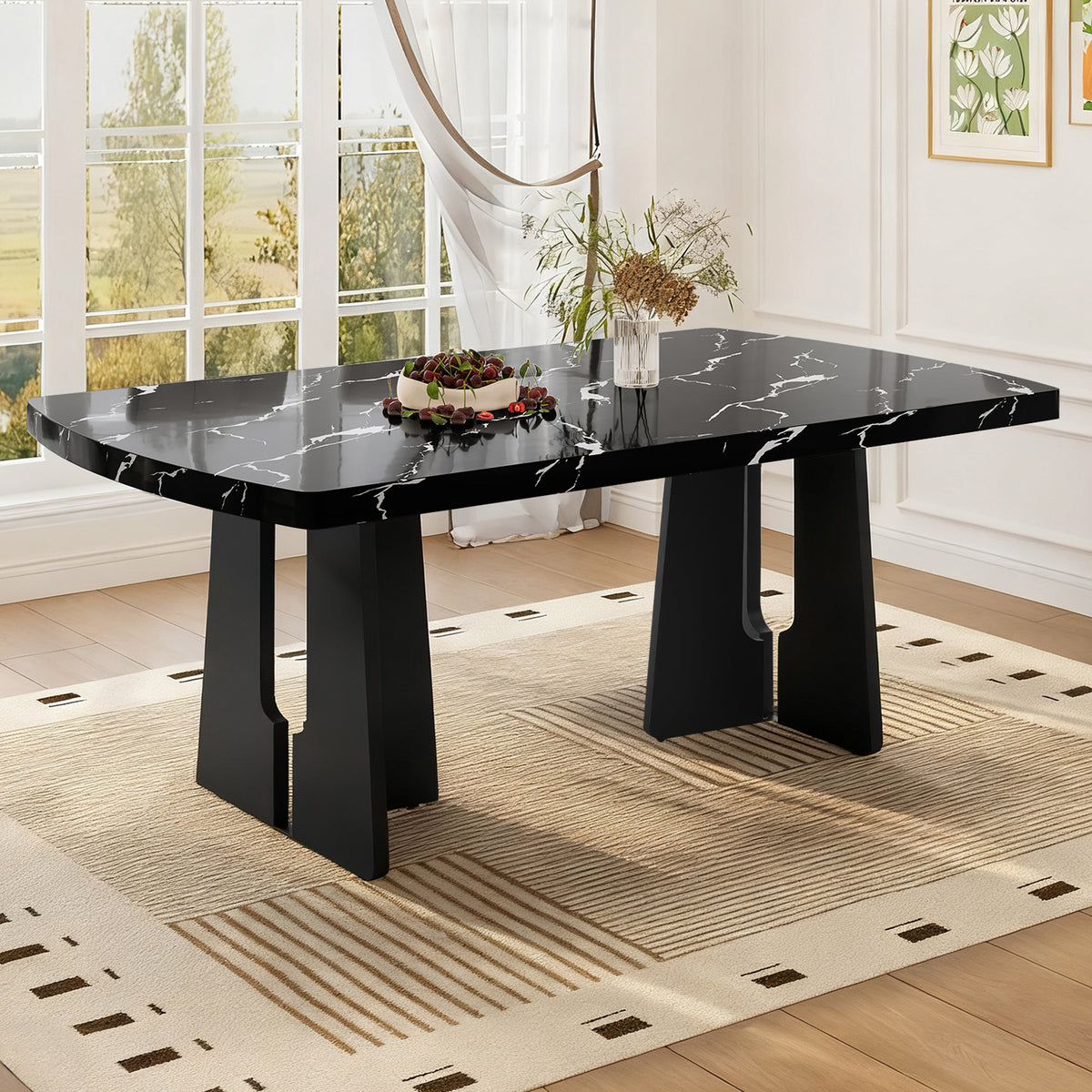 63' Modern Faux Marble Dining Table - Black/White Marble Top with Sturdy Geometric Legs, Stylish Kitchen & Dining Room Table for Home, Apartment, Office, Easy to Assemble, Black