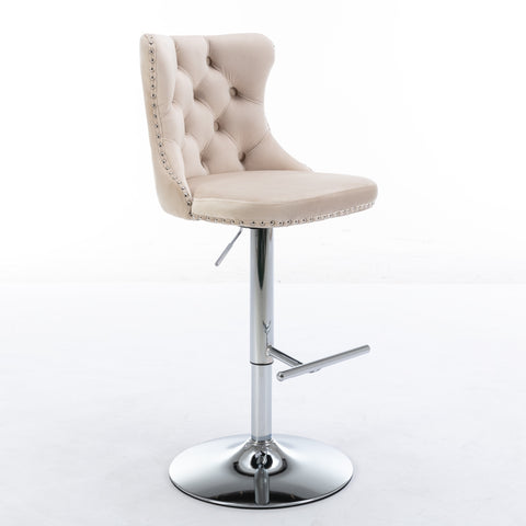 Modern Velvet Swivel Barstools with Adjustable Height, Chrome Base, Beige, Set of 2