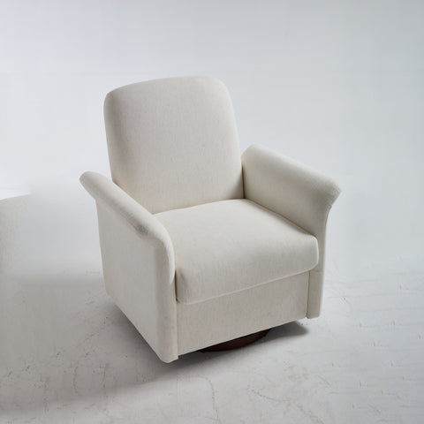 Modern Swivel Barrel Accent Chair with Wood Base in Cream Linen Fabric, 360-Degree Rotation, Solid Rubber Wood Frame, 37-Inch Height