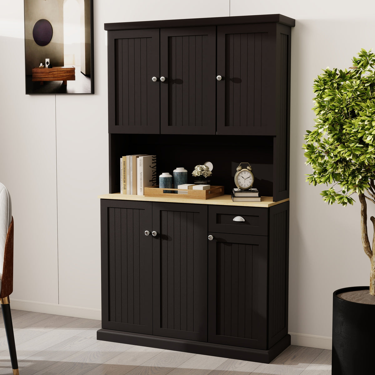 71' Kitchen Pantry Storage Cabinet with Microwave Oven Countertop, Freestanding Hutch Cabinet with Adjustable Shelves, 6 Doors and 1 Drawer-Black