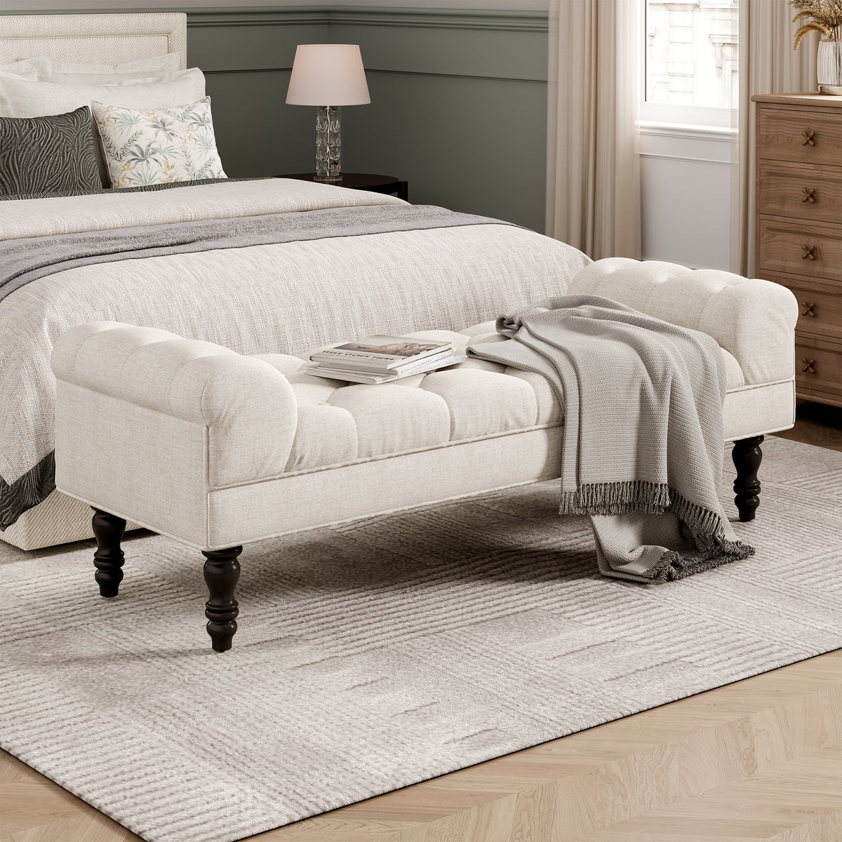 Button-Tufted End of Bed Bench,Large Upholstered Ottoman,Foot Rest with Legs,Footstool with Rolled Arms,Upholstered Fabric Bench,Indoor Bench for Bedroom,Living Room,Entryway,Beige