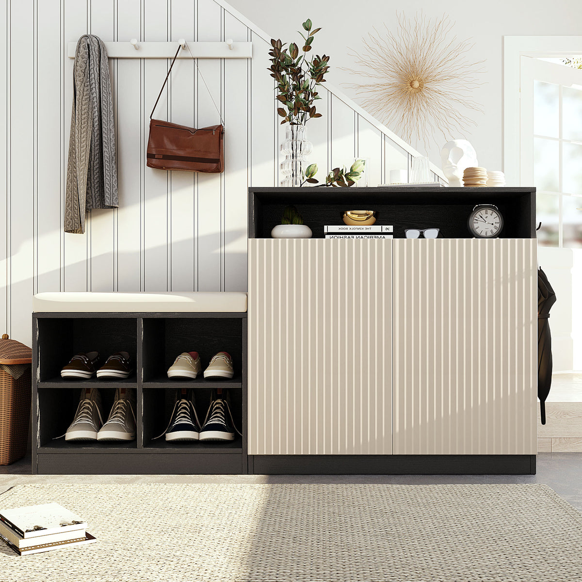 U_Style Livingroom Cabinet with Shoe Bench, 2 Doors and 3-Tier Adjustable Shelves, Entryway Bench with 4 Open Shoe Racks and Removeble Cushion, Storage Console Table with Wavy Slatted Door and Hooks