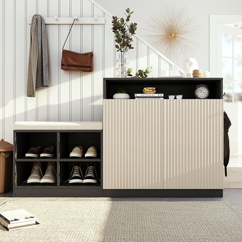 U_Style Livingroom Cabinet with Shoe Bench, 2 Doors and 3-Tier Adjustable Shelves, Entryway Bench with 4 Open Shoe Racks and Removeble Cushion, Storage Console Table with Wavy Slatted Door and Hooks