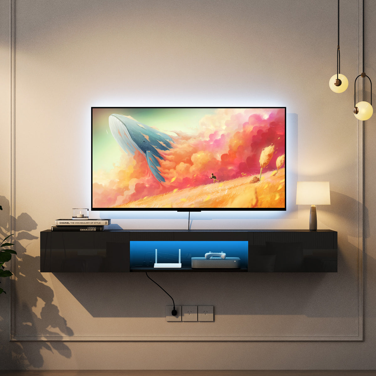 Floating TV Stand Wall Mounted with 16 Color LEDs,63' Modern TV Stand, Floating TV Cabinet Entertainment Center for 55 60 65 Inch TV,Black
