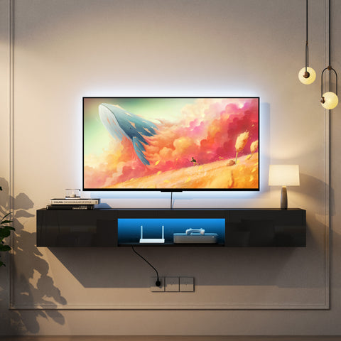 Floating TV Stand Wall Mounted with 16 Color LEDs,63' Modern TV Stand, Floating TV Cabinet Entertainment Center for 55 60 65 Inch TV,Black