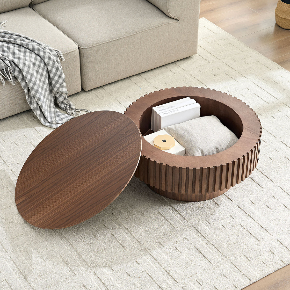 31.49'' Round Coffee Table with Storage Small Coffee Table for Apartment, Modern Living Room Coffee Table with Sturdy Pedestal,WALNUT