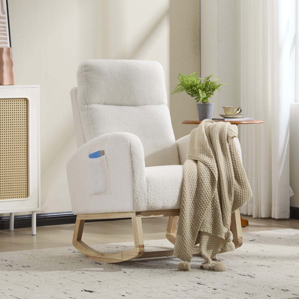 Modern Accent Rocking Chair Rocking Chair with Solid Wood Legs, Upholstered Nursery Glider Rocker, Comfy Armchair with Side Pocket, Living Room Lounge Arm Chair with High Backrest (white,teddy)