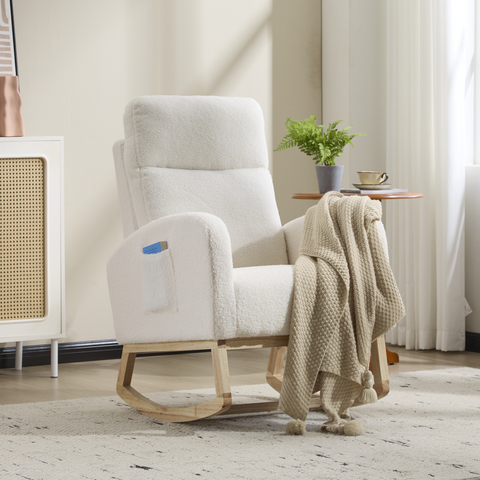 Modern Accent Rocking Chair Rocking Chair with Solid Wood Legs, Upholstered Nursery Glider Rocker, Comfy Armchair with Side Pocket, Living Room Lounge Arm Chair with High Backrest (white,teddy)