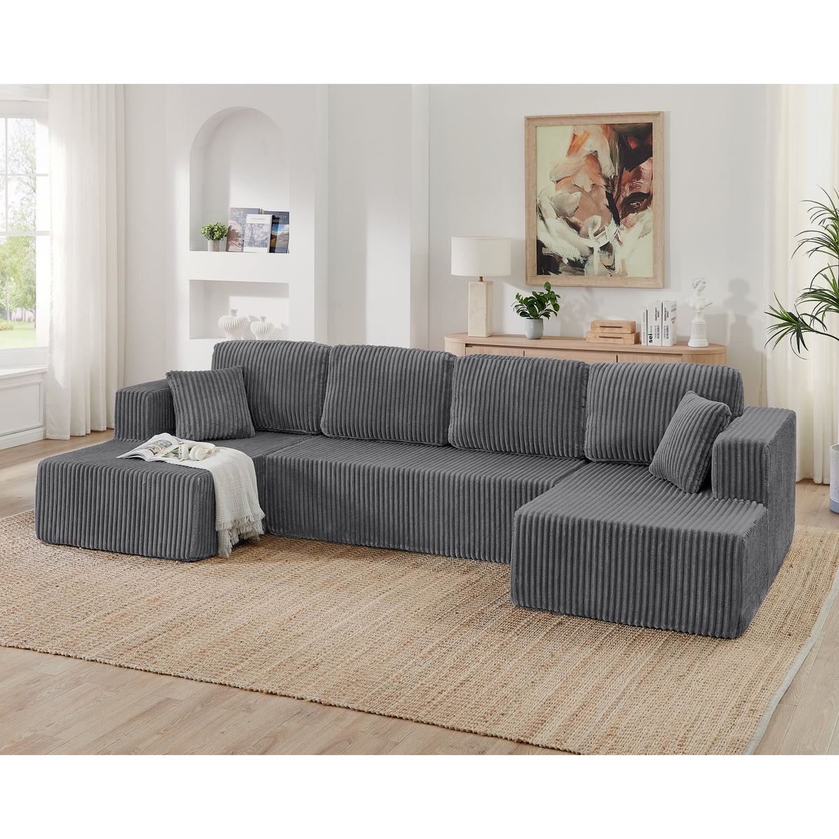 U shape Modular Sectional Sofa, Compressed Sectional Sofa Modern Minimalist Style Corduroy Couch, Sleeper Sofa for Living Room, Bedroom, Comfy Compressed Sofa -Gray