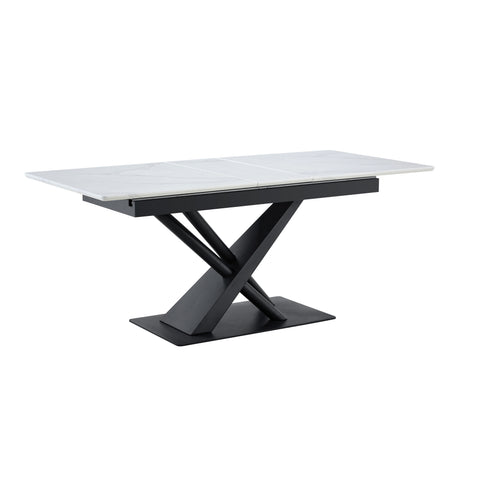 Modern Dining Table with White Marble MDF Veneer Paper Tabletop and Geometric X-Frame Metal Spray-Painted Legs, Sturdy Metal Base for Contemporary Kitchen or Dining Room (White Marble, 1 Table)