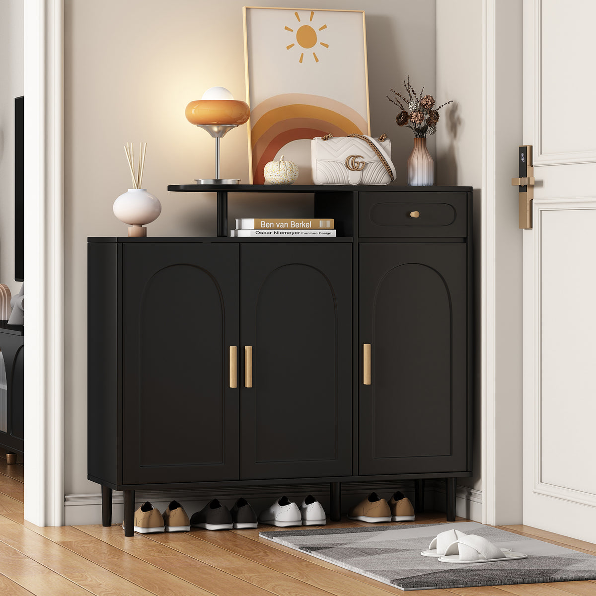 ON-TREND Elegant Shoe Cabinet with Arched Doors and Drawer, Cream Style Storage Sideboard with Adjustable Shelves and Solid Wood Legs for Entryway, Living Room, Black