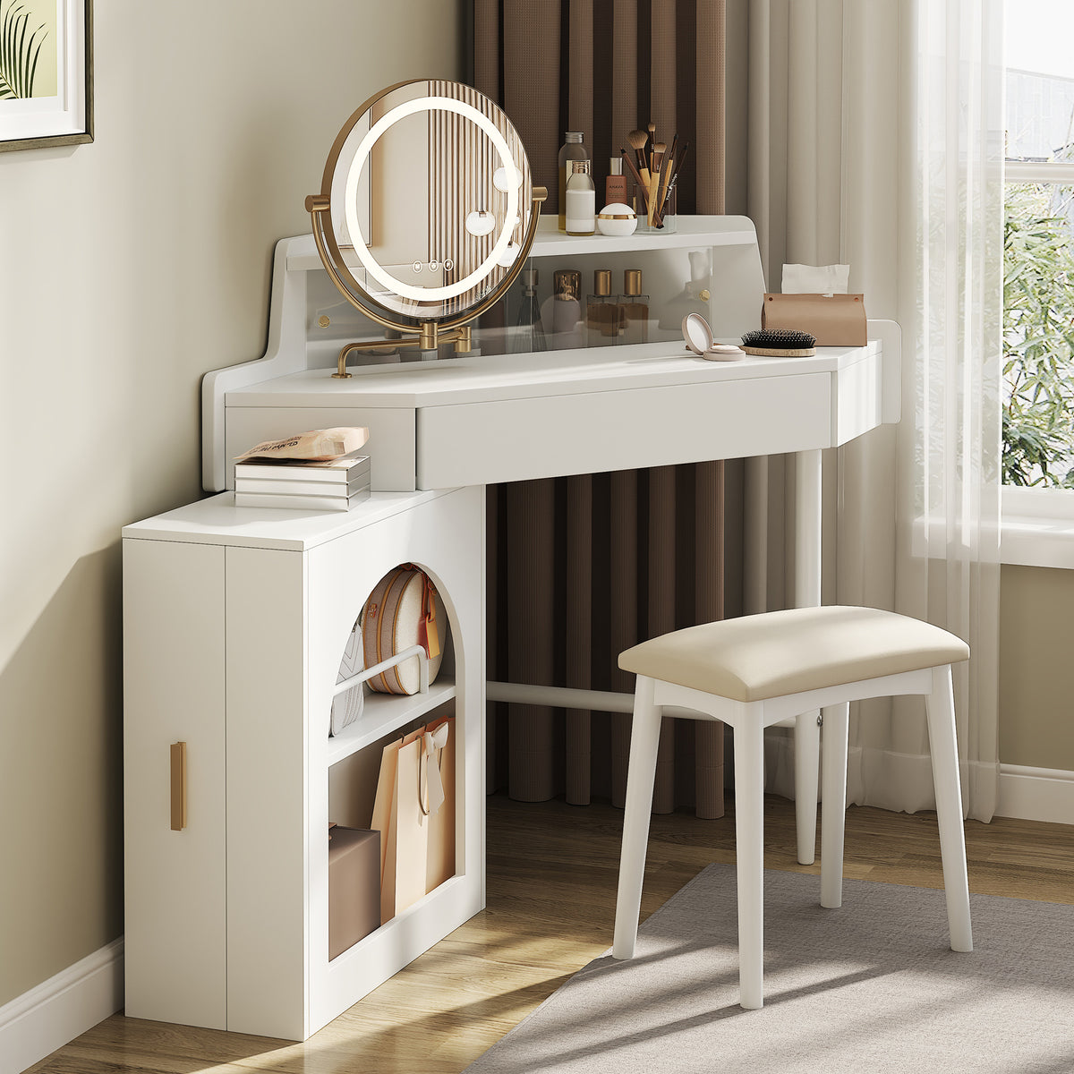 Corner Makeup Vanity Desk With Mirror & LED Lights, Modern Vanity Set With Mirror And Stool, Dressing Table With Large Storage For Small Place, Brightness Adjustable Folding Mirror, White