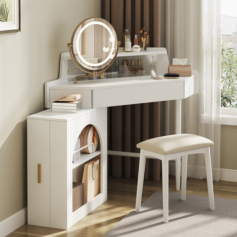 Corner Makeup Vanity Desk With Mirror & LED Lights, Modern Vanity Set With Mirror And Stool, Dressing Table With Large Storage For Small Place, Brightness Adjustable Folding Mirror, White