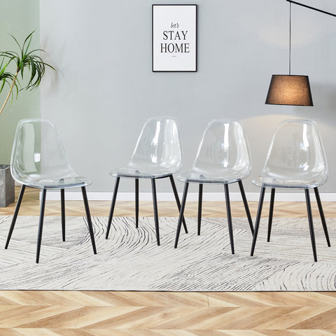 Modern minimalist transparent dining chair, plastic chair, armless crystal chair, Nordic creative makeup stool, negotiation chair, set of 4 pieces, black metal legs,TW-1200
