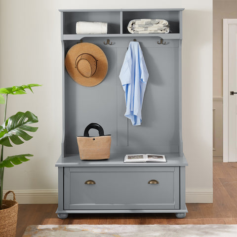 Classic Cosatal Style Hall Tree Entryway Bench with Open Shelves and Shoe Cabinets, SOLID WOOD Feet, Gray, 40'W*18.5'D*64.5'H