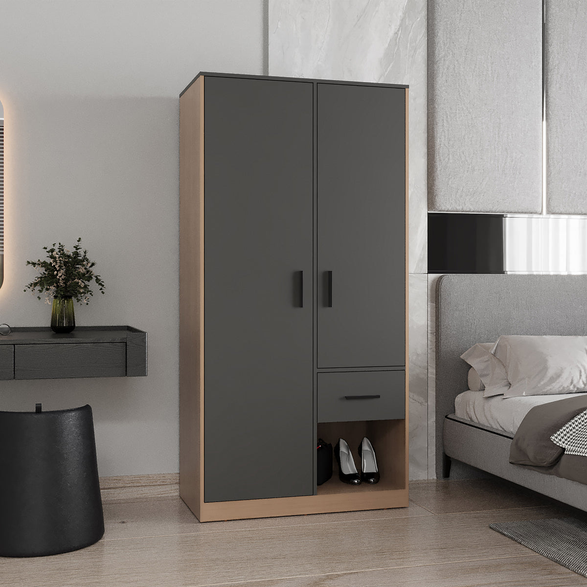 Armoire 70.9' H, 2 Doors, 1 Drawer, 2 Shelves, Matt Gray / Natural Oak - Bedroom