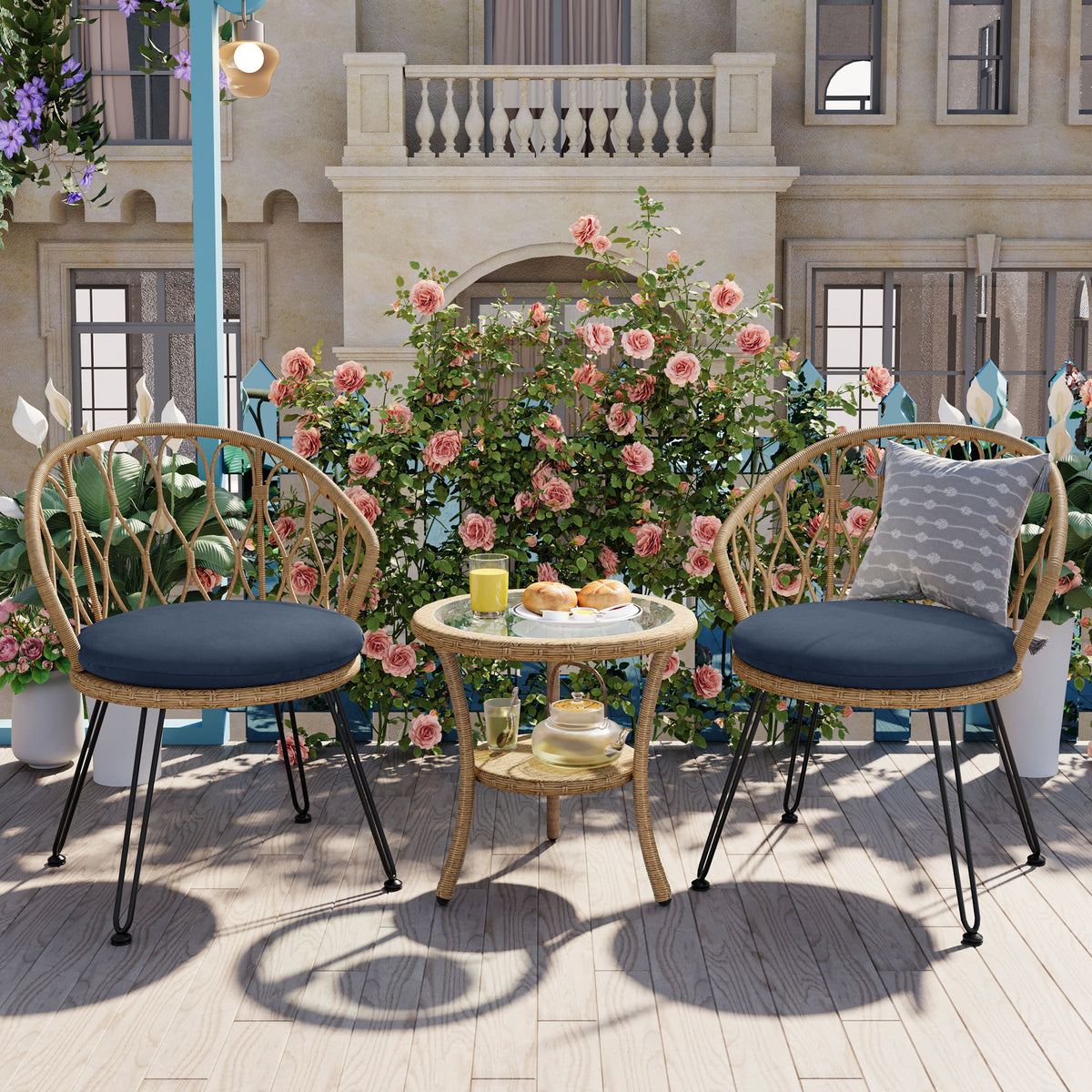 U_STYLE Outdoor Leisure Set, 2 Rattan Single Chairs with A Glass Round Table, Perfectly Suited for Patios, Balconies, and Courtyards