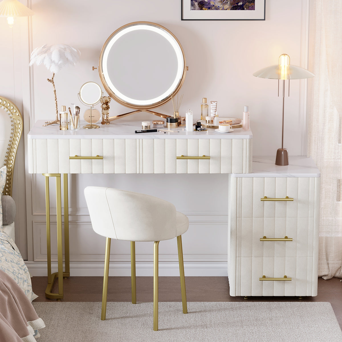 Velvet Upholstered Vanity Desk with Chair, Vanity Set with 5 Big Drawers, Makeup Table with Padded Chair, Marble-Look Sticker Top Dressing Table with Left/Right Adjustable Storage, Beige