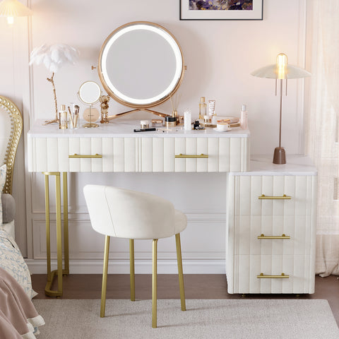 Velvet Upholstered Vanity Desk with Chair, Vanity Set with 5 Big Drawers, Makeup Table with Padded Chair, Marble-Look Sticker Top Dressing Table with Left/Right Adjustable Storage, Beige