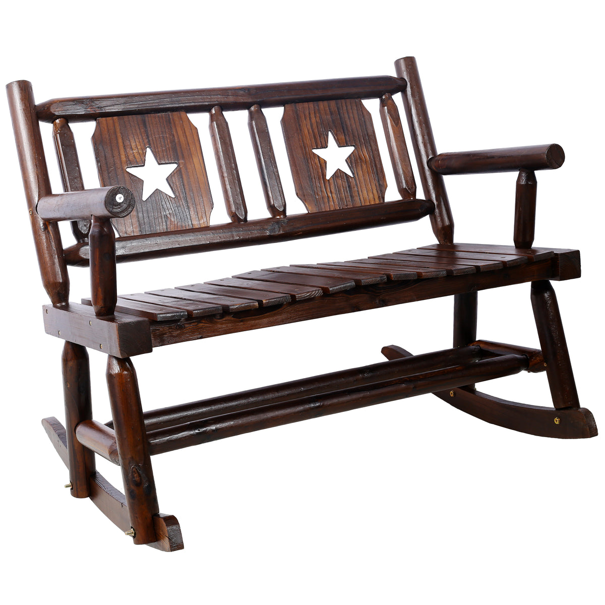 Outdoor Wood Rocking Bench Carbonized Double Rocking Chair for 2 Persons with Wide Curved Seat, Porch Rocker for Porch, Garden, Backyard,  Rustic Brown