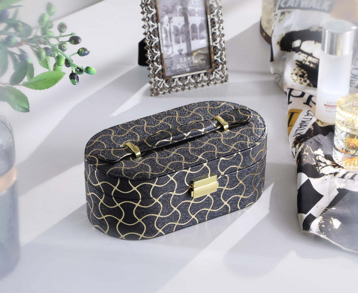 9.5' Long Leather Jewelry Organizer Case with Mirror, Gold Swirl Pattern, Black