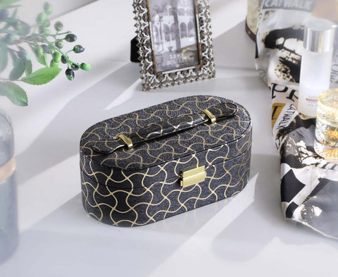 9.5' Long Leather Jewelry Organizer Case with Mirror, Gold Swirl Pattern, Black