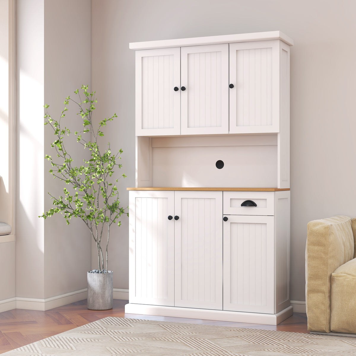 71' Kitchen Pantry Storage Cabinet with Microwave Oven Countertop, Freestanding Hutch Cabinet with Adjustable Shelves, 6 Doors and 1 Drawer-White