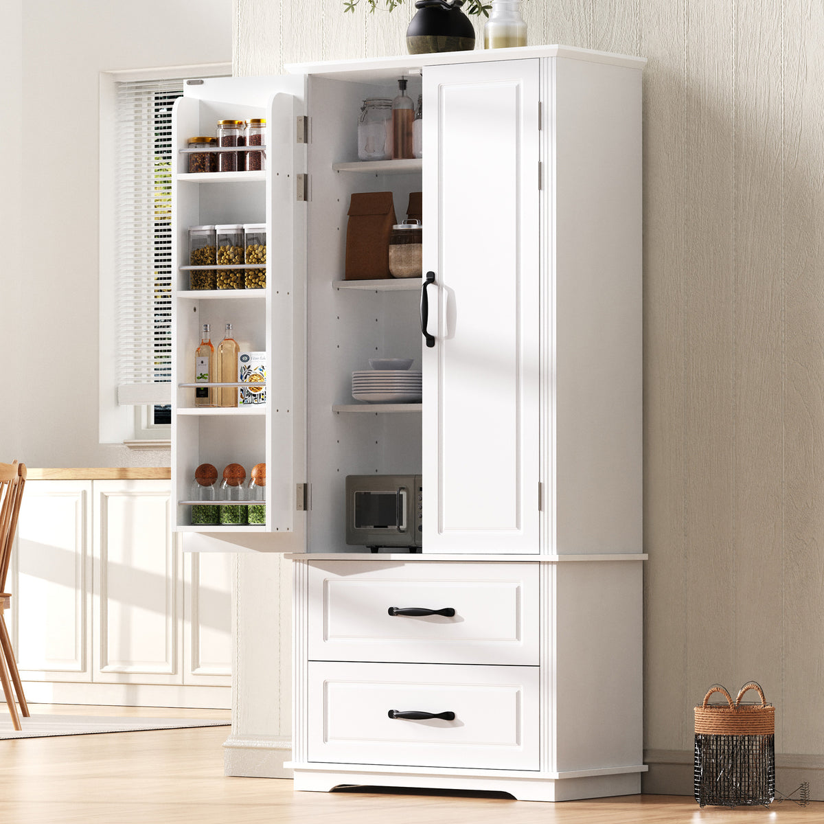K&K 71' Farmhouse Kitchen Pantry Cabinet with 2 Large Drawers,Embossed Texture Freestanding Cupboard Cabinet with 8 Door Shelves and 3 Cabinet Shelves for Kitchen,Dining Room,Living Room,Laundry,White