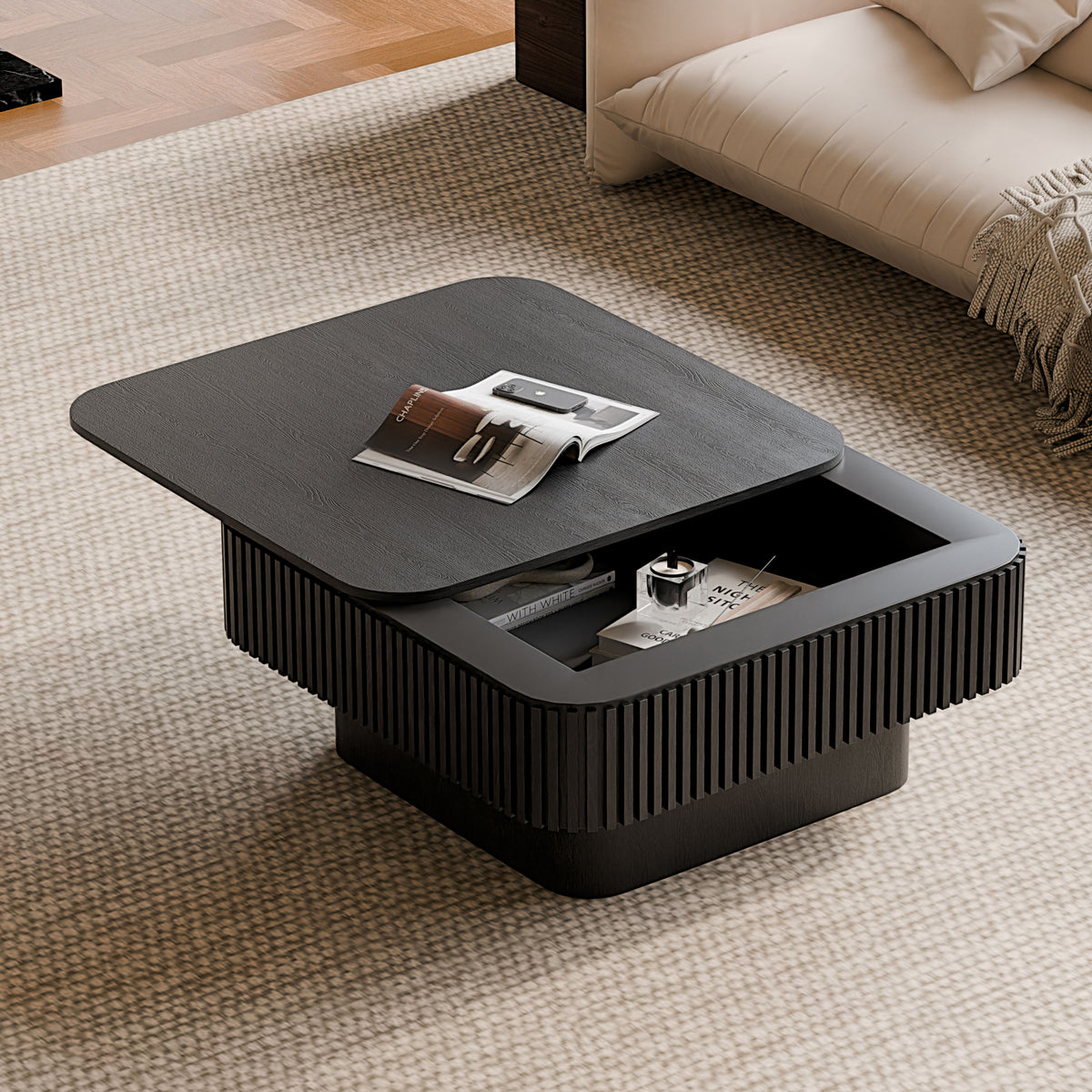 31.5'' Square Coffee Table with Storage Solid Wood Veneered Modern Coffee Table Accent Tea Table for Living Room, Bedroom, Apartment or Office, Black