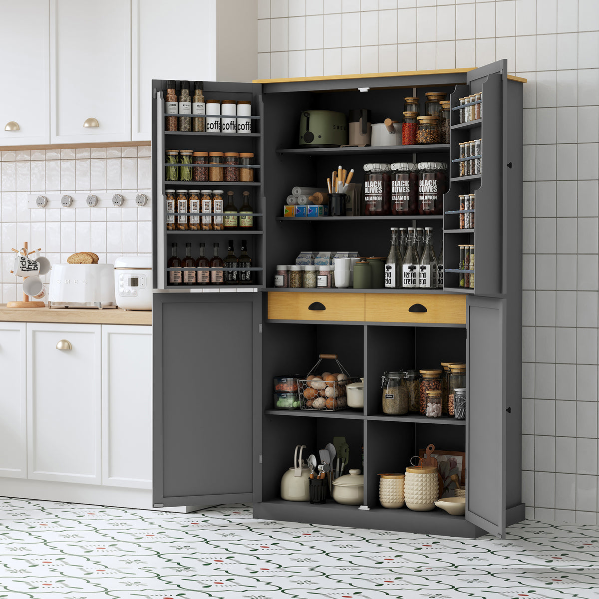 [Assembly Video Provided]TOPMAX 40.2x20x71.3inch High Freestanding Kitchen Pantry Large Cupboard Storage Cabinet with 2 Drawers, 2 Adjustable Shelves, 8 Door Shelves for Kitchen, Dining Room,Gray