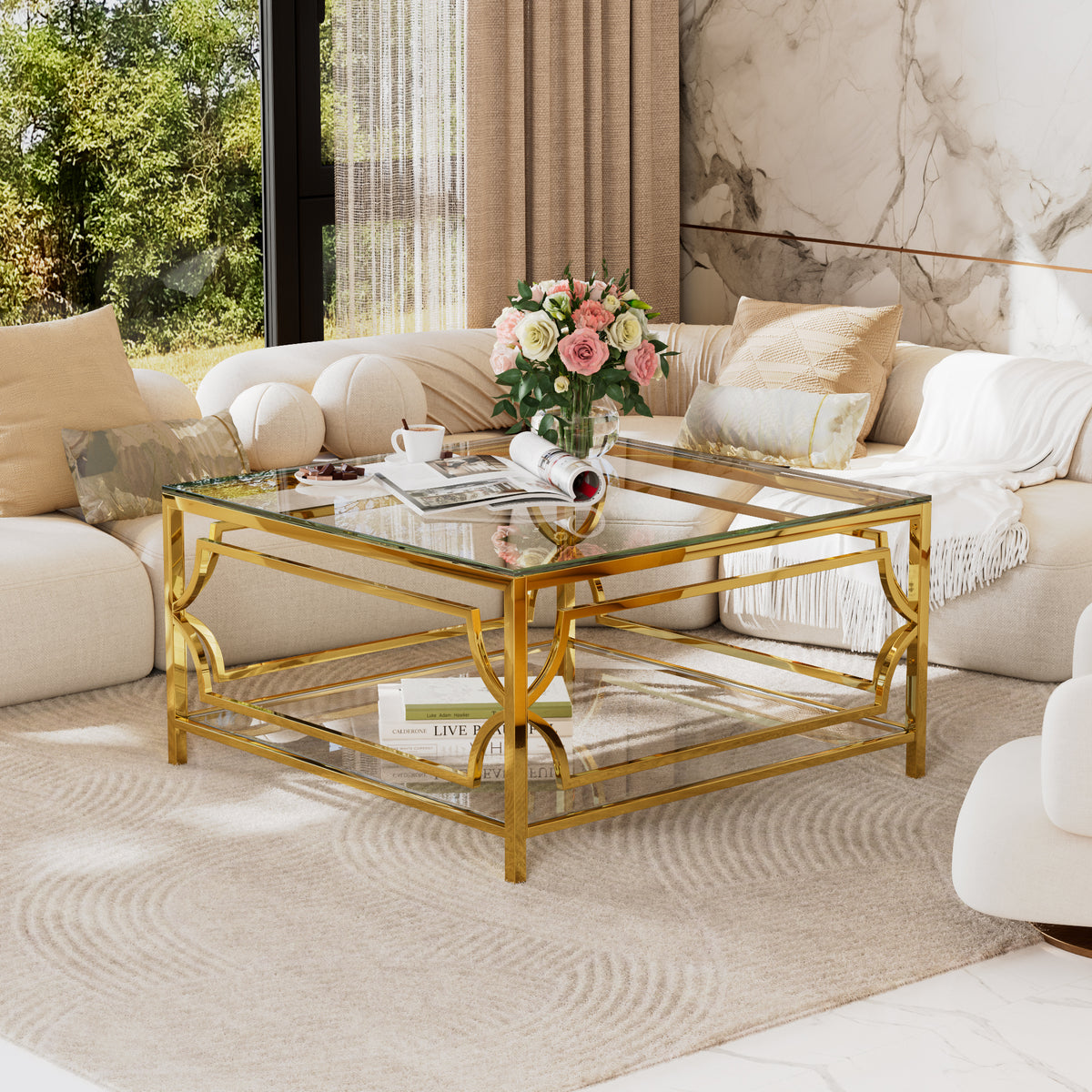 Square Glass Coffee Table in 33.5',Luxurious Geometric Metal Frame,Gold Finish & Lower Shelf