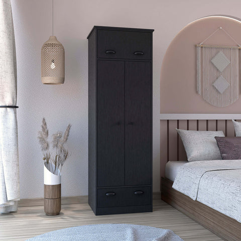 Dresser-closet with upper storage covered with 1 door, 2 central shelves, 1 tube for hanging clothes covered by 2 doors, 1 drawer at the bottom, Black