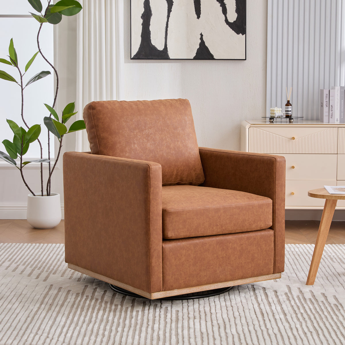 30.7'W Upholstered Square Swivel Accent Chair and Comfy Accent Single Sofa Chair, 360 Degree Club Chair, Lounge Armchair for Living Room Bedroom Apartment Nursery. Brown PU