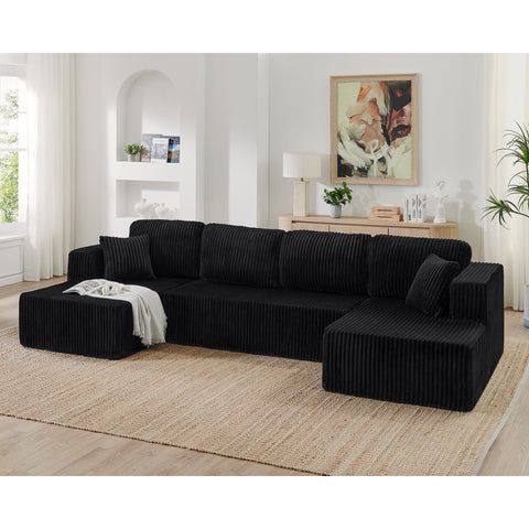 U shape Modular Sectional Sofa, Compressed Sectional Sofa Modern Minimalist Style Corduroy Couch, Sleeper Sofa for Living Room, Bedroom, Comfy Compressed Sofa -Black