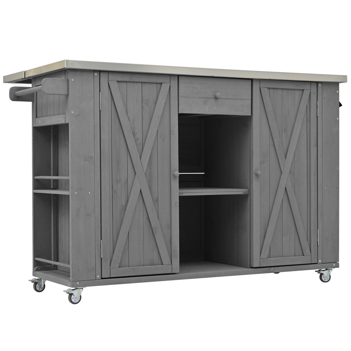 Outdoor Kitchen Island Fir Wood Kitchen Island with Stainless Steel Top, Ample Storage, Towel and Spice Racks, Bottle Opener, Grey